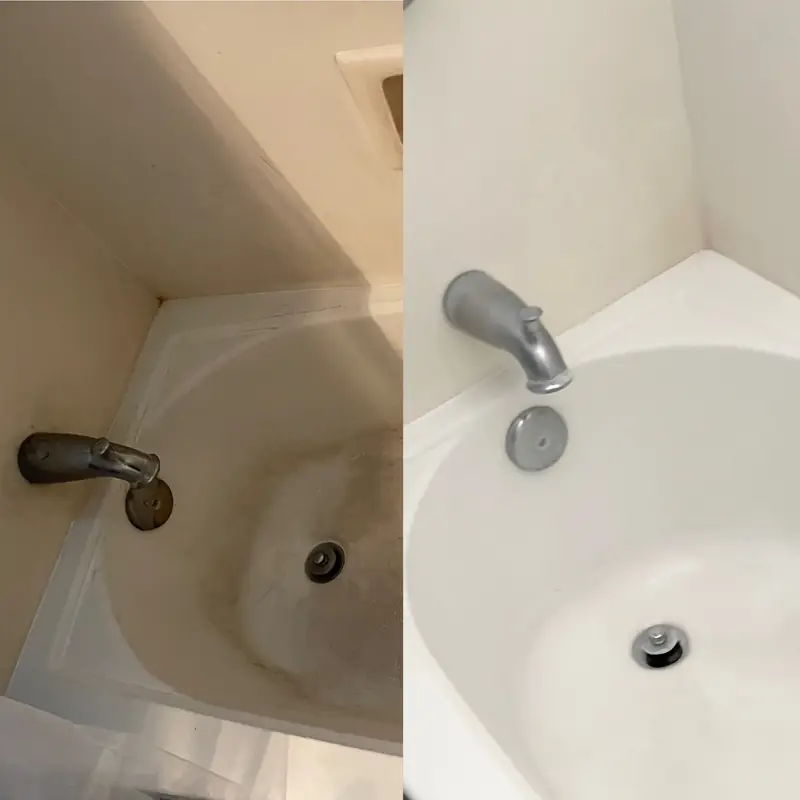A bathtub corner before and after cleaning, stained on the left and bright white on the right